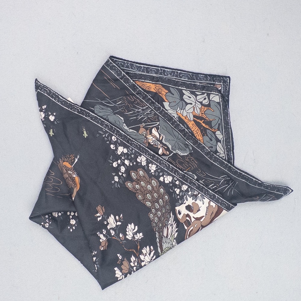 Vintage 70s Liberty of London 100% Silk Scarf Chinoiserie Peacock Songbird Black